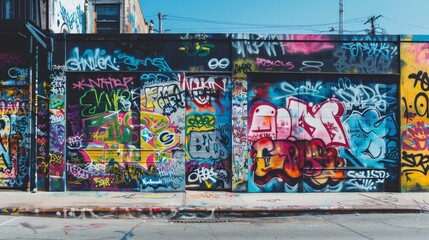 Naklejka premium Street art mural full frame, vibrant colors, graffiti and text mix. Artistic expression through street art, bold colors and typography.