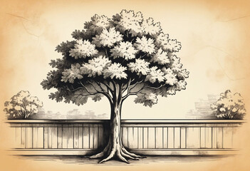 Tree on the wall, sketch vintage illustration