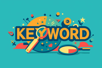Illustration showing the word 'keyword' with magnifying glass on vibrant background, representing SEO, search, and digital marketing concepts.