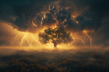 Drzewo wśród burzy z piorunami

