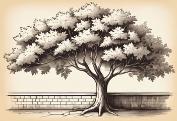 Tree on the wall, sketch vintage illustration