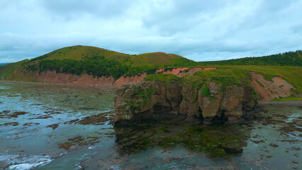 Top view of rocky coast with algae on shore. Clip. Landscape of rocks on coast with algae on background of mountains in cloudy weather. Diversity of flora of sea coast with rocky mountains