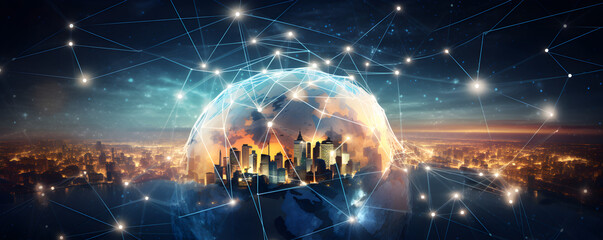 Obraz premium Glowing cityscape with network connections vector illustration