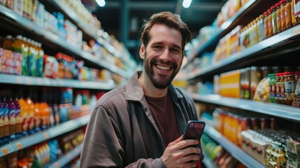 A cheerful man enjoying his shopping trip in the supermarket, using his smartphone and making eye contact with the camera with a happy expression. 