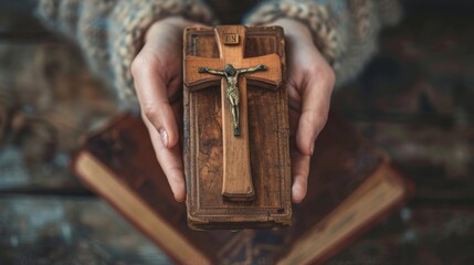 Christian faith and prayer. Devotional moment with crucifix and Bible.