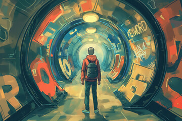 A person with a backpack stands in a futuristic, graffiti-covered tunnel illuminated by overhead lights, representing exploration and adventure.