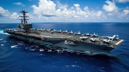 The deck of the carrier, a strategic platform for its fleet of fighter jets.