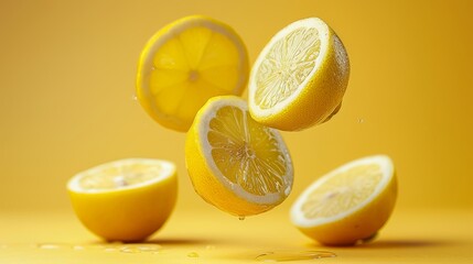 Slices of a single lemon levitating in a professional studio setting.