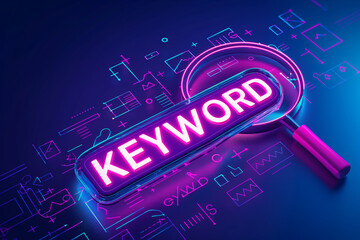 Neon keyword concept with magnifying glass and futuristic digital elements, symbolizing online search optimization and data analysis