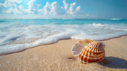 Obraz premium A lone seashell on a sandy beach with the ocean in the background.