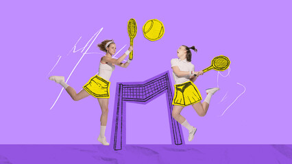 Poster. Contemporary art collage. Drawing artwork. Two female tennis player have tennis battle...