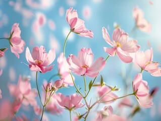 Fototapeta premium A mesmerizing display of soft pink blossoms gently drifting in the breeze, set against a clear, bright blue sky, creating a tranquil and picturesque summer background with a whimsical touch