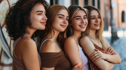 Obraz premium imagine Diverse group of young people celebrating estival day, guys and girls hugging together outdoors - Multiracial trendy friends standing on a rainbow 