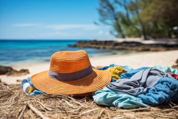 Beach chair with blanket and hat. Background with selective focus and copy space.