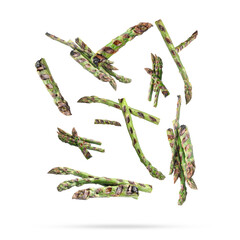 Grilled asparagus spears in air on white background
