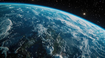 The Earth has a realistic geographic surface and a 3D cloud atmosphere with its orbit. View of the outer space of the world's planet Earth