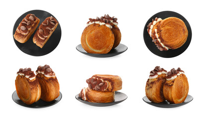 Collection of round croissants isolated on white, top and side views. Puff pastry