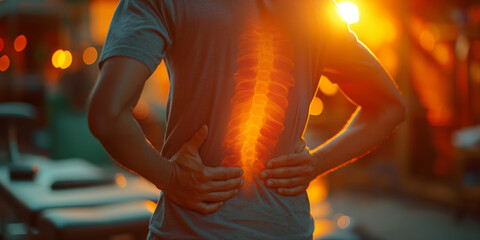 Person experiencing back pain highlighted by glowing spine, illustrating health and medical concept. Warm, dramatic lighting in background.