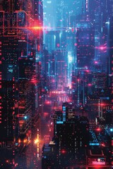Fototapeta premium Cyber Cityscape with Futuristic HUD Elements and Particle Effects on Dark Background