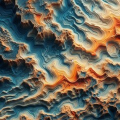 Fototapeta premium A striking digital abstract resembling topographical lines with vibrant blue and orange hues that evoke a sense of depth and movement.. AI Generation