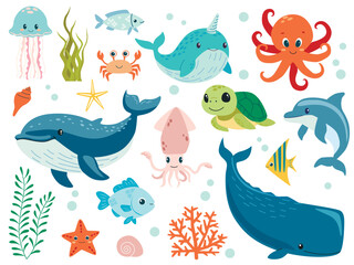 Set with hand drawn sea life elements. Vector cartoon set of sea animals objects for your design.  © Irina