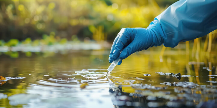 A gloved hand is used to collect a water sample from a pond for scientific analysis, ensuring hygiene and accuracy