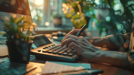 An accountant using a calculator, copy space, audit process theme, realistic, composite, home office backdrop