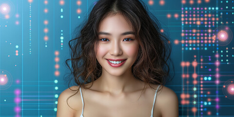 Portrait of a smiling young woman with curly hair and digital background, representing technology and modern lifestyle.