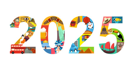 2025 New Year poster with famous world travel destinations. Touristic sightseeings collage vector illustration.