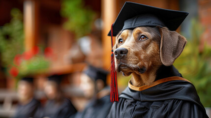 Dog graduation cap gown standing outdoors looking happy. Concept education, graduate, leader