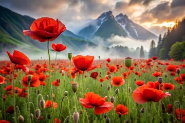 Close-up. A field of blooming bright red poppies against the background of the southern mountains. Nature and flowering.