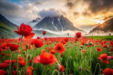 Close-up. A field of blooming bright red poppies against the background of the southern mountains. Nature and flowering.