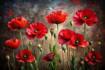 Fototapeta premium Close-up. Bright red poppy flowers on a dark background.