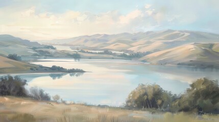 Fototapeta premium Tranquil scene of rolling hills and tranquil waters in soft pastel tones background