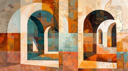 Hispanic architecture depicted in abstract form with geometric shapes background