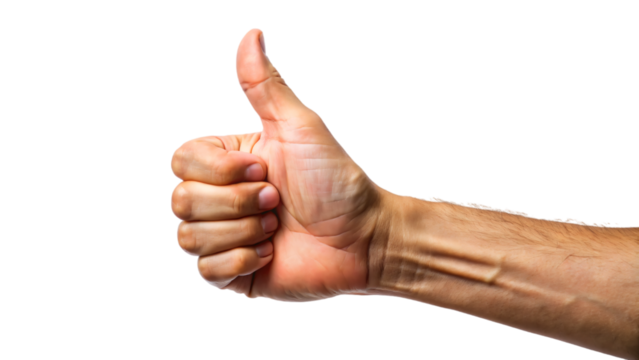 A hand with a thumb extended upwards in a gesture of approval