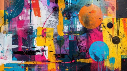 Abstract street art-inspired composition colorful shapes overlay textured surfaces background