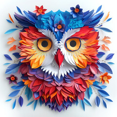 Fototapeta premium Colorful paper art owl with intricate feather details and floral embellishments isolated on a white background