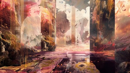 Surreal dreamscape abstraction melds with reality fragmented shapes background