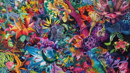 Kaleidoscopic riot of color and form exotic flora and fauna mingle background
