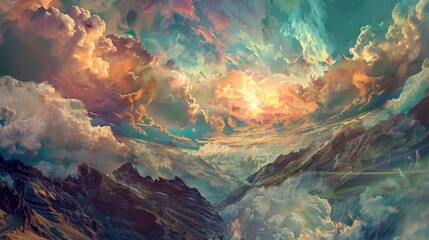 Obraz premium A seamless fusion of mountains and sky in surrealism background