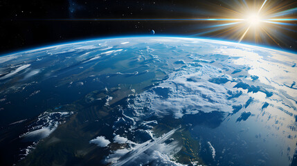 Fototapeta premium The Earth has a realistic geographic surface and a 3D cloud atmosphere with its orbit. View of the outer space of the world's planet Earth