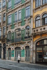 Fototapeta premium An elderly woman looks at the entrance door of a classic and typical Porto city building in the city center.