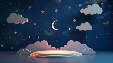 3D Podium Under a Night Sky with Stars, Moon, and Clouds