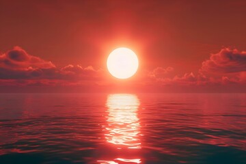 3D Rendering of Red Sunset Over Calm Sea