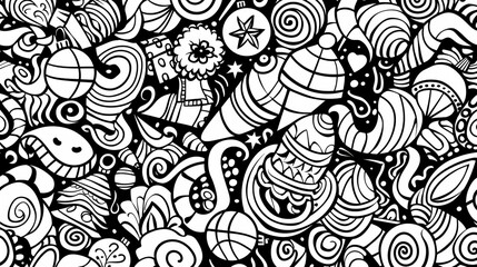 Holiday celebrations depicted in black and white doodle patterns, hand-drawn and festive,