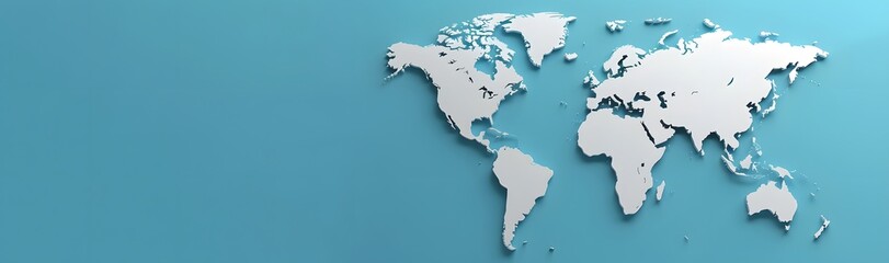 3D World Map on Blue Background Banner with Copy Space