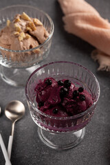 Cherry and chocolate cheesecake ice cream in glass creamers