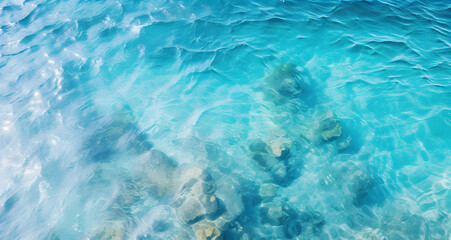 Obraz premium Top View of Crystal Clear Blue Ocean Water with Ripples and Submerged Rocks