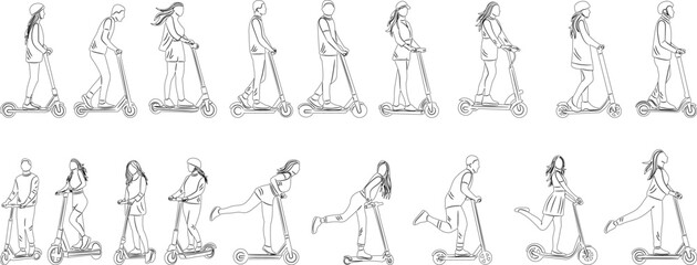 people ride scooters, woman rides a scooter set sketch